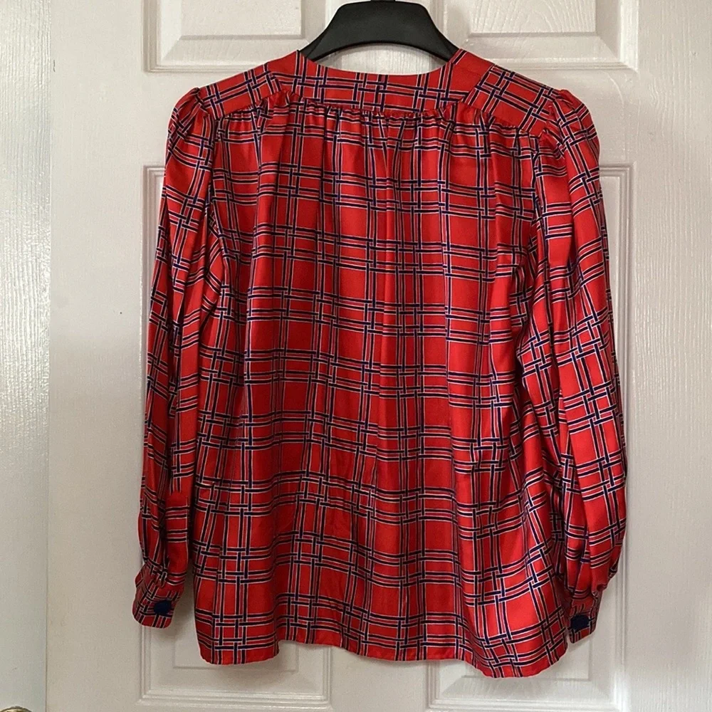 VTG 70’s YSL Saint Laurent Rive Gauche Red Plaid Blouse - Picture 5 of 10